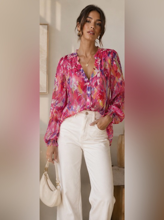 Soft Surroundings Tops - Soft Surroundings Sheer Floral Tunic Blouse Pink Multicolor Boho Flowy Size M